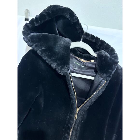 Jones New York Black Faux Fur Coat Jacket Sz S hood mid length Romantic Party - Picture 5 of 13